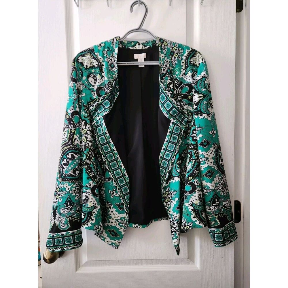 Chico's Women's Cardigan‎ Green White Paisley Open Front Long Sleeve Size 3